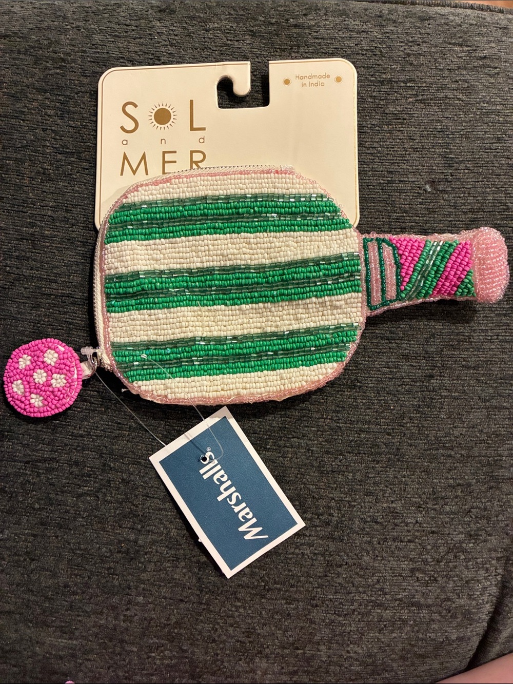 SOL and MER Green and Pink Beaded Paddle Card & Coin Holder